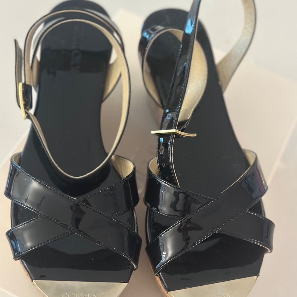 Jimmy Choo Black Patent Leather Cork Wedge Sandals with Gold Accents - Picture 5 of 5